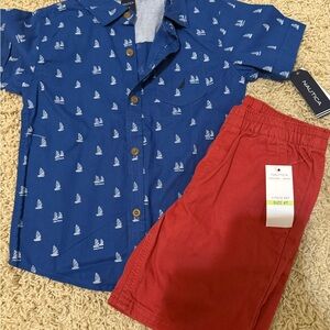 Nautica Kids Blue Sailboat Button Down Shirt and Red Shorts